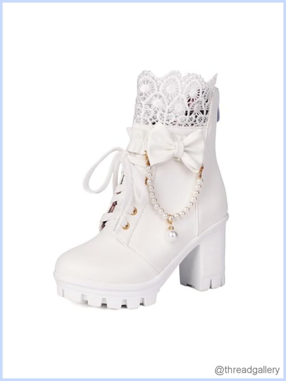 Gothic platform ankle boots with lace pearl chain bow chunky high heel combat